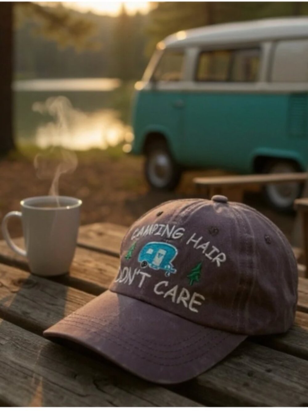 Camping Hair Don't Care Baseball Cap Brown Vintage Wash Camper Trucker Hat OS